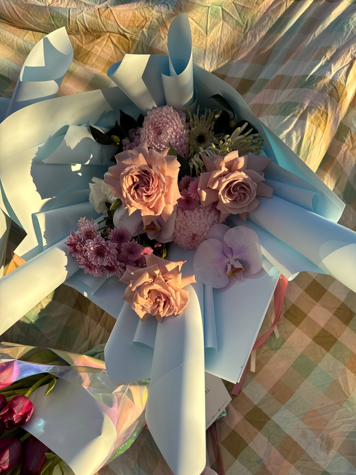 Bouquet of pink and purple orchids, rose flowers, wrapped in blue paper, laying on the floor at a picnic